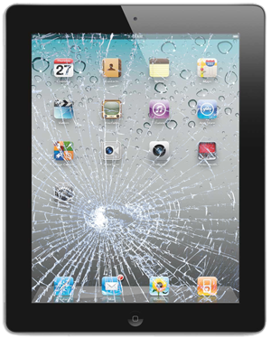 An iPad with a broken screen needing glass replacement